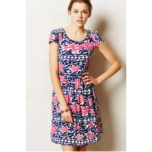 Anthropologie Maeve Peralta Bird Floral Dress w/ Pockets in Pink & Blue, Size 4 - Picture 2 of 15
